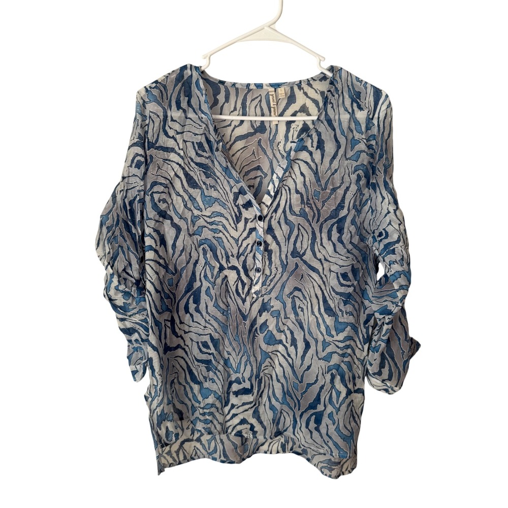 Grand & Greene Blue Grey Zebra Print Henley V-Neck‎ Sheer Blouse Large